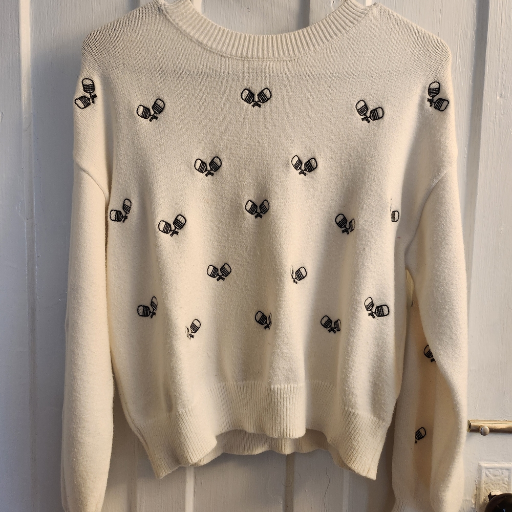Jessica Simpson Cream Crewneck Sweater with Black Embroidery